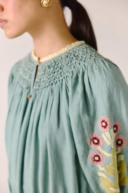 Cord_Blue Linen Applique, Lace Collared Embellished Tie-up Midi Dress _at_Aza_Fashions