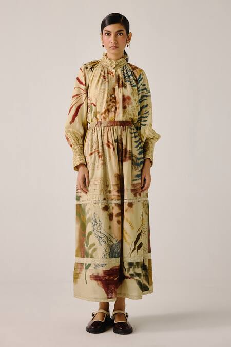 Cord_Multi Color Cotton Smocking High Neck Abstract Print Shirt _Online_at_Aza_Fashions