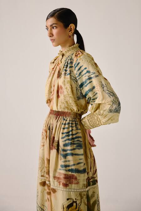 Buy_Cord_Multi Color Cotton Smocking High Neck Abstract Print Shirt _Online_at_Aza_Fashions