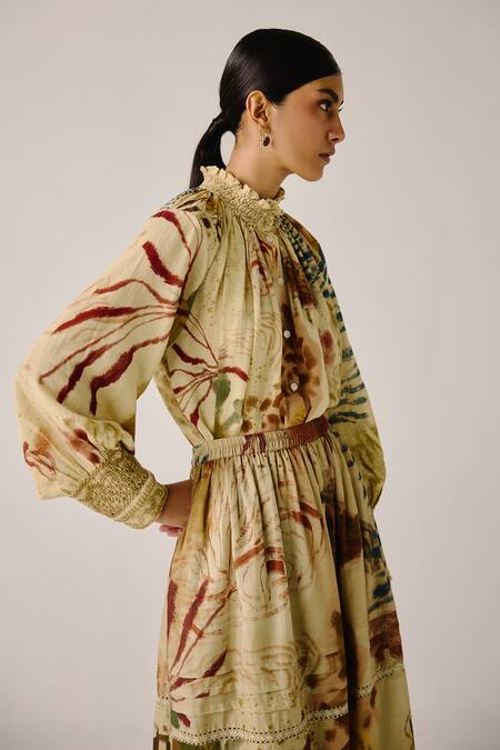 Shop_Cord_Multi Color Cotton Smocking High Neck Abstract Print Shirt _Online_at_Aza_Fashions