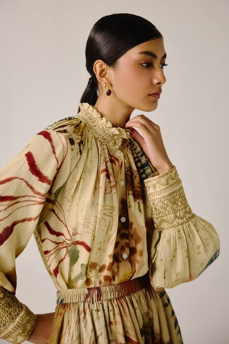 Cord_Multi Color Cotton Smocking High Neck Abstract Print Shirt _at_Aza_Fashions