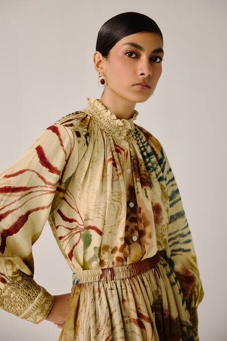 Buy_Cord_Multi Color Cotton Smocking High Neck Abstract Print Shirt 