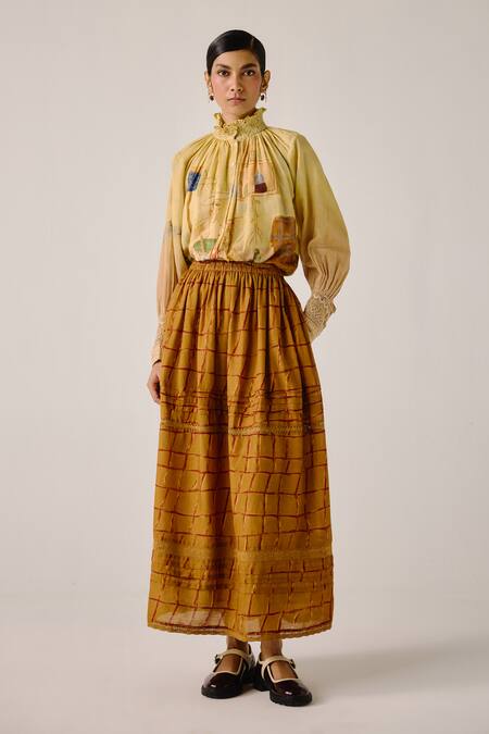 Cord_Multi Color Cotton Embroidery High Neck Fisherman Print Smocked Shirt _Online_at_Aza_Fashions