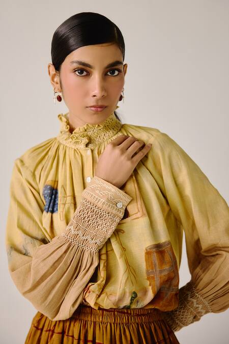 Shop_Cord_Multi Color Cotton Embroidery High Neck Fisherman Print Smocked Shirt _Online_at_Aza_Fashions