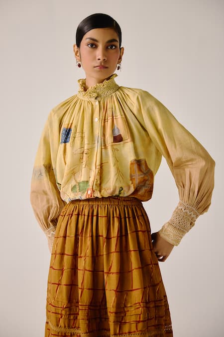 Cord Fisherman Print Smocked Shirt 