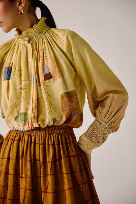 Buy_Cord_Multi Color Cotton Embroidery High Neck Fisherman Print Smocked Shirt 