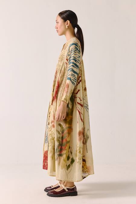 Buy_Cord_Multi Color Cotton Embroidery Round Neck Abstract Print Gathered Midi Dress _Online_at_Aza_Fashions