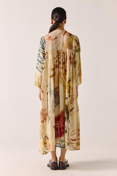 Cord Abstract Print Gathered Midi Dress 