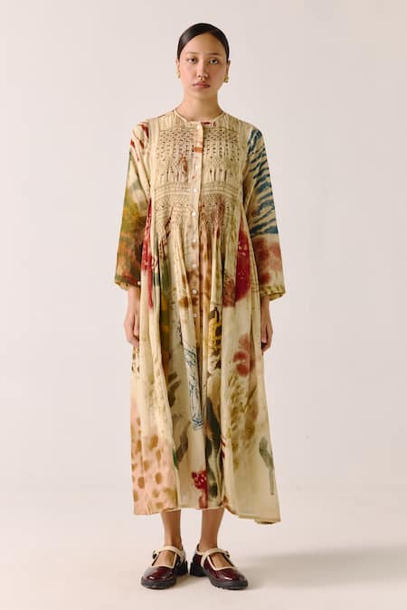 Cord Abstract Print Gathered Midi Dress 