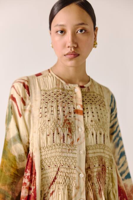 Shop_Cord_Multi Color Cotton Embroidery Round Neck Abstract Print Gathered Midi Dress _Online_at_Aza_Fashions