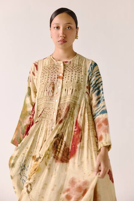 Cord_Multi Color Cotton Embroidery Round Neck Abstract Print Gathered Midi Dress _at_Aza_Fashions