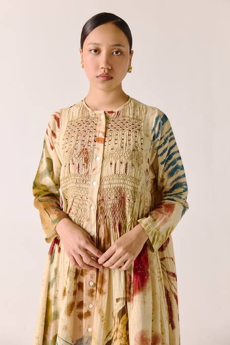 Buy_Cord_Multi Color Cotton Embroidery Round Neck Abstract Print Gathered Midi Dress 