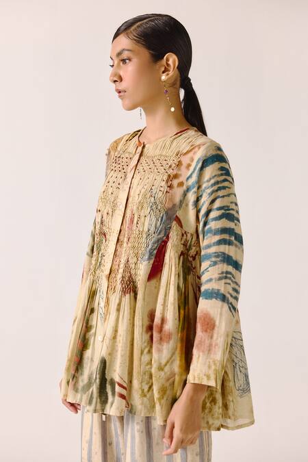 Cord_Multi Color Cotton Round Neck Frida Abstract Print Shirt _Online_at_Aza_Fashions