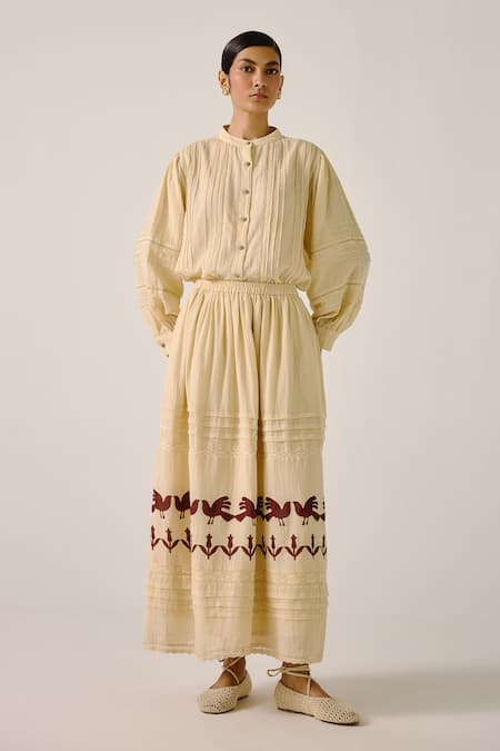 Cord Pintuck Shirt & Block Print Skirt Set 