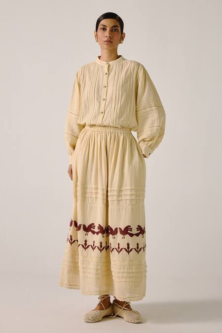 Cord_Ivory Cotton Embroidery, Lace Mandarin Pintuck Shirt And Block Print Skirt Set _Online_at_Aza_Fashions