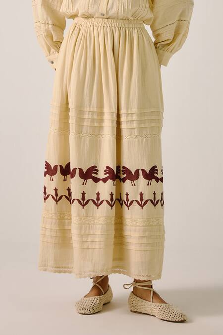Buy_Cord_Ivory Cotton Embroidery, Lace Mandarin Pintuck Shirt And Block Print Skirt Set _Online_at_Aza_Fashions