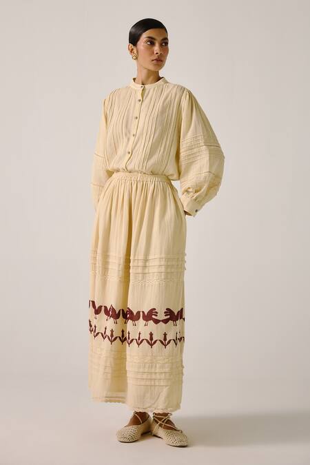 Shop_Cord_Ivory Cotton Embroidery, Lace Mandarin Pintuck Shirt And Block Print Skirt Set _Online_at_Aza_Fashions