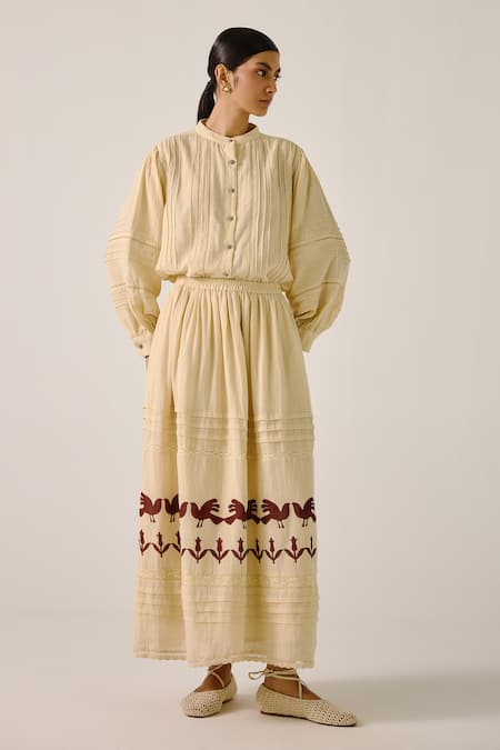 Cord Pintuck Shirt & Block Print Skirt Set 