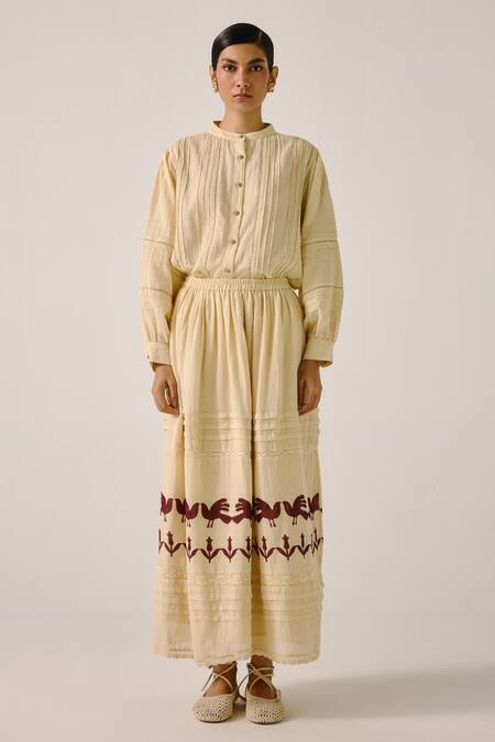 Cord_Ivory Cotton Embroidery, Lace Mandarin Pintuck Shirt And Block Print Skirt Set _at_Aza_Fashions
