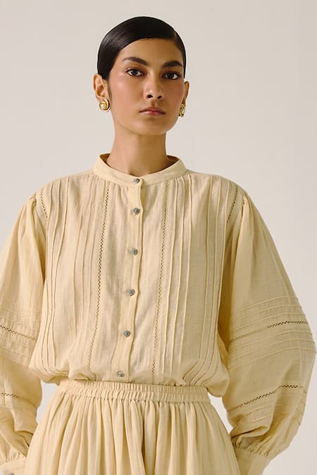 Buy_Cord_Ivory Cotton Embroidery, Lace Mandarin Pintuck Shirt And Block Print Skirt Set 