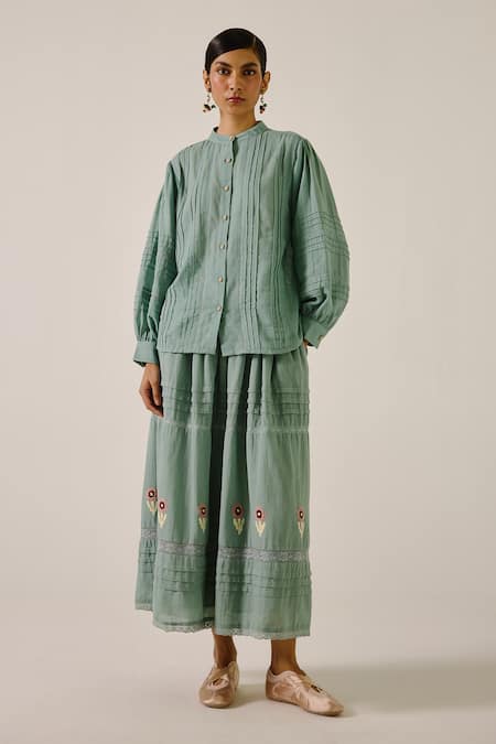 Cord Pintuck Shirt & Floral Applique Skirt Set 