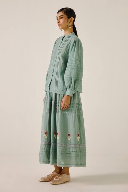 Cord_Blue Cotton Applique, Lace Mandarin Collar Pintuck Shirt And Floral Skirt Set _Online_at_Aza_Fashions