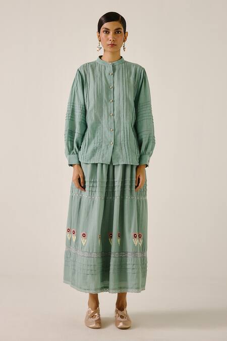 Buy_Cord_Blue Cotton Applique, Lace Mandarin Collar Pintuck Shirt And Floral Skirt Set _Online_at_Aza_Fashions