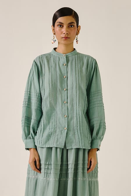 Cord Pintuck Shirt & Floral Applique Skirt Set 