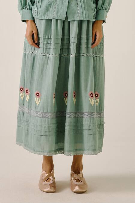 Shop_Cord_Blue Cotton Applique, Lace Mandarin Collar Pintuck Shirt And Floral Skirt Set _Online_at_Aza_Fashions