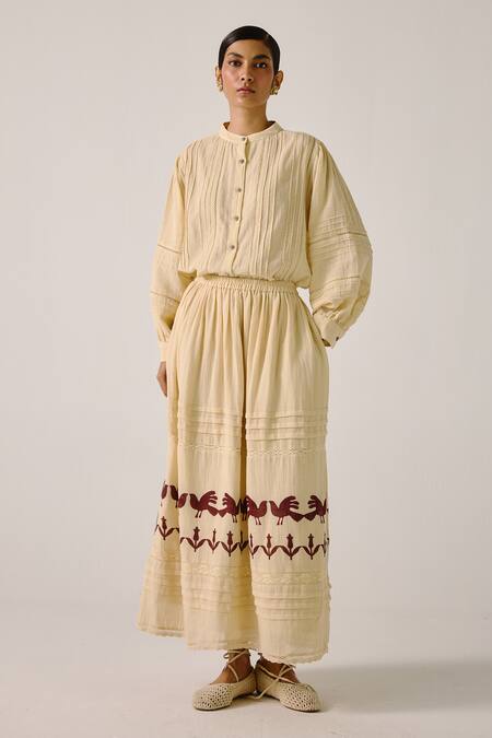 Cord Ivory Pintuck Block Print Skirt 