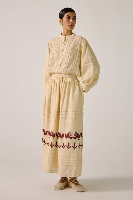 Cord_Ivory Cotton Embroidery Mandarin Collar Pintuck Lace Shirt _Online_at_Aza_Fashions