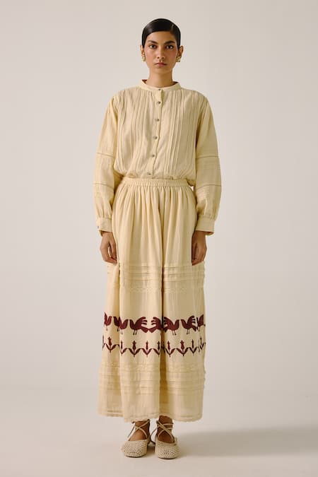 Shop_Cord_Ivory Cotton Embroidery Mandarin Collar Pintuck Lace Shirt _Online_at_Aza_Fashions