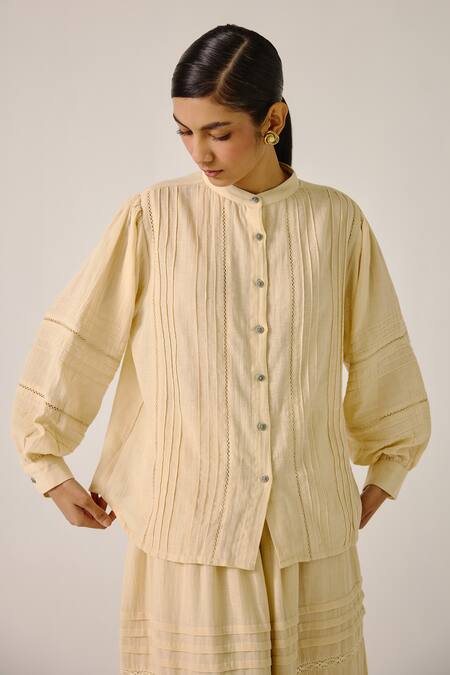 Cord_Ivory Cotton Embroidery Mandarin Collar Pintuck Lace Shirt _at_Aza_Fashions