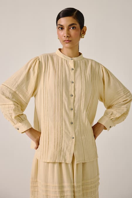 Buy_Cord_Ivory Cotton Embroidery Mandarin Collar Pintuck Lace Shirt 