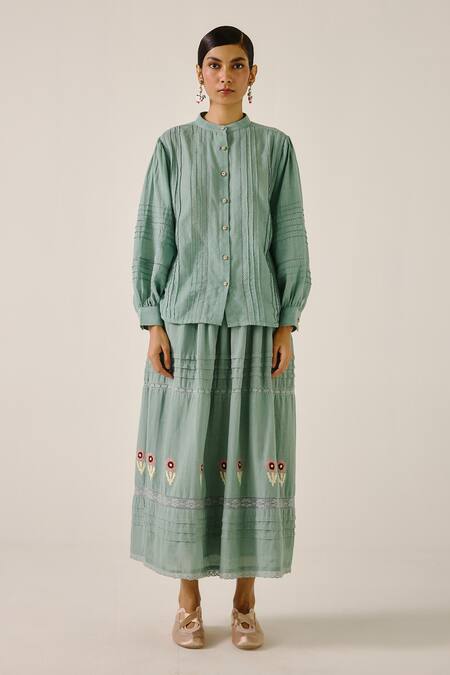 Cord_Blue Cotton Lace Mandarin Collar Pintuck Insert Shirt _Online_at_Aza_Fashions