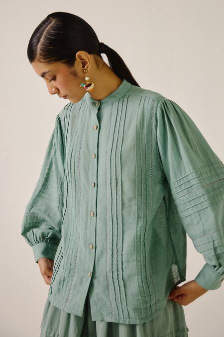 Shop_Cord_Blue Cotton Lace Mandarin Collar Pintuck Insert Shirt _Online_at_Aza_Fashions