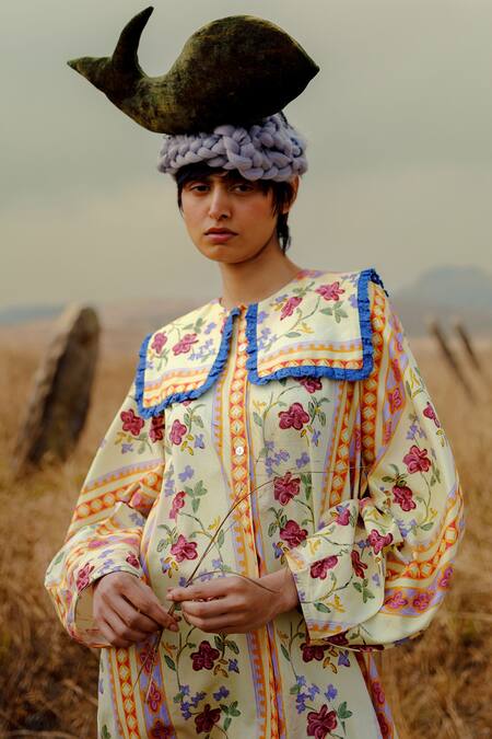 Cord Multi Color Cotton Satin Embroidery Floral Folk Bloom Printed Shirt Dress Online at Aza Fashions Cord_Multi Color Cotton Satin Embroidery Floral Folk Bloom Printed Shirt Dress _Online_at_Aza_Fashions