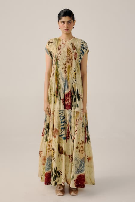 Cord Abstract Printed Smocked Maxi Dress 