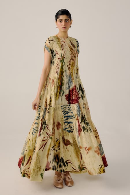 Cord_Multi Color Linen Smocking Round Neck Abstract Printed Smocked Maxi Dress _Online_at_Aza_Fashions