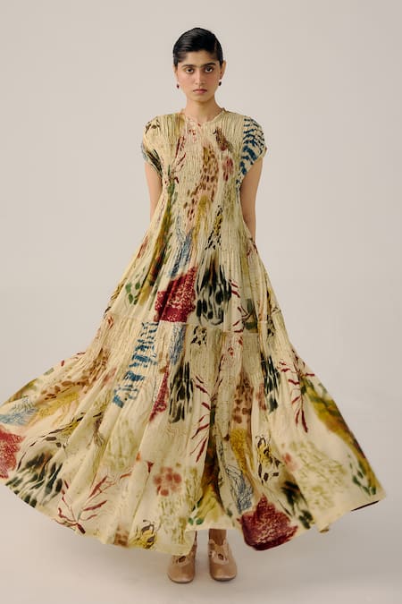 Cord Abstract Printed Smocked Maxi Dress 