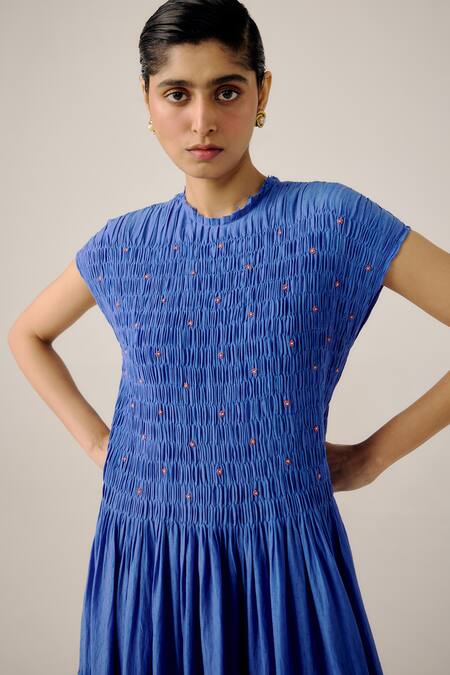 Shop_Cord_Blue Linen Applique, Beads Round Neck Electric Tiered Maxi Dress _Online_at_Aza_Fashions