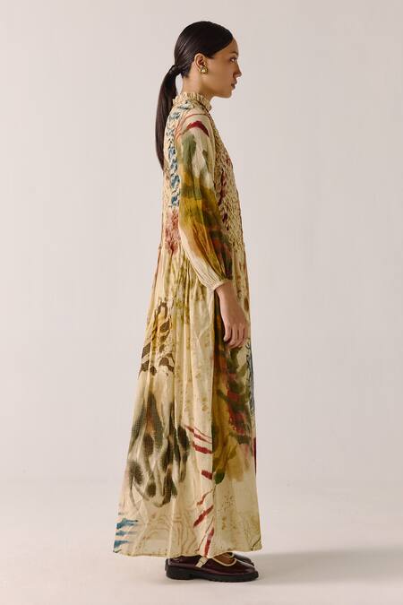 Cord_Multi Color Cotton Smocking Round Neck Abstract Print Maxi Dress _Online_at_Aza_Fashions