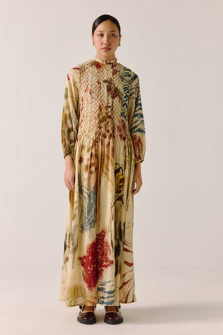 Buy_Cord_Multi Color Cotton Smocking Round Neck Abstract Print Maxi Dress _Online_at_Aza_Fashions