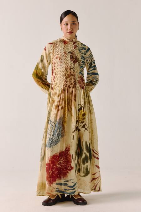 Shop_Cord_Multi Color Cotton Smocking Round Neck Abstract Print Maxi Dress _Online_at_Aza_Fashions