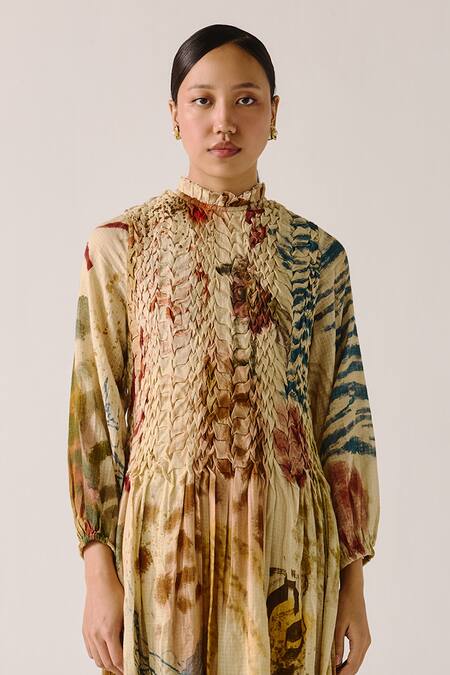 Cord_Multi Color Cotton Smocking Round Neck Abstract Print Maxi Dress _at_Aza_Fashions