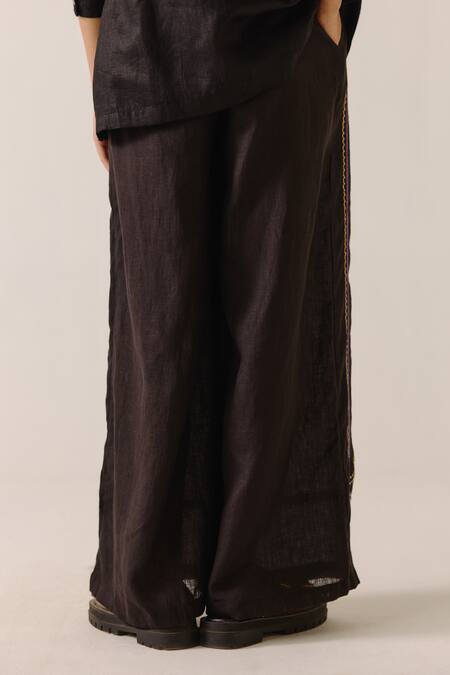 Cord_Black Linen Embroidery Floral Scallop Lounge Pant _Online_at_Aza_Fashions