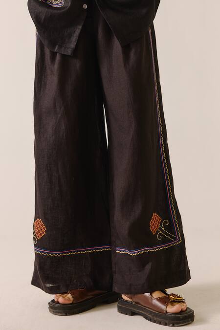 Shop_Cord_Black Linen Embroidery Floral Scallop Lounge Pant _Online_at_Aza_Fashions