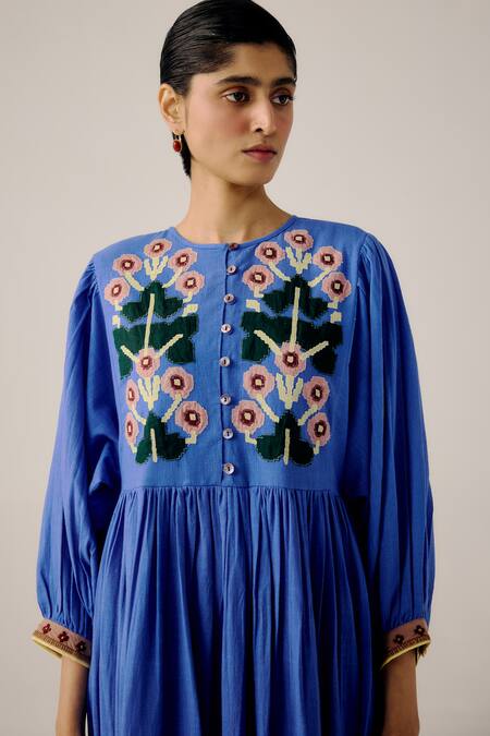 Cord_Blue Linen Applique, Lace Round Neck Floral Tiered Midi Dress _Online_at_Aza_Fashions