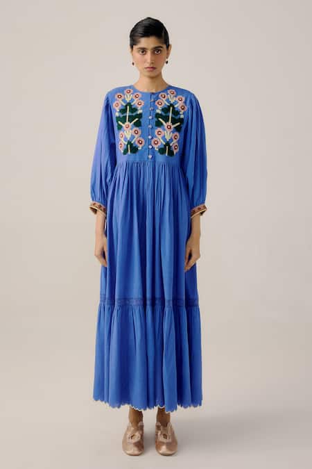 Cord Floral Applique Tiered Midi Dress 