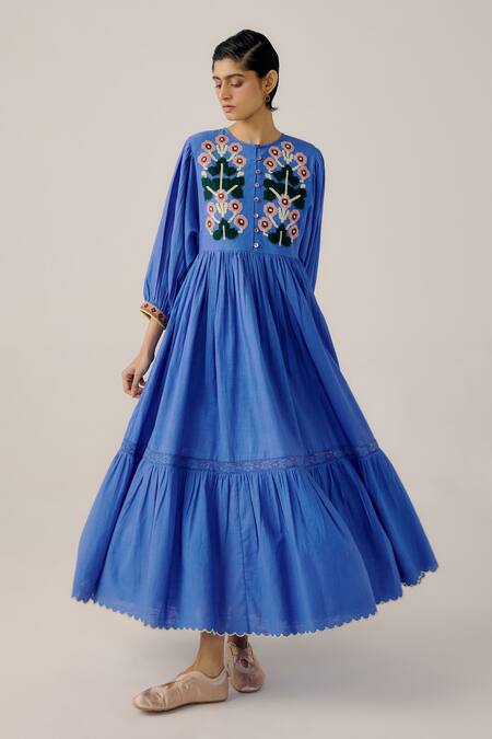 Buy_Cord_Blue Linen Applique, Lace Round Neck Floral Tiered Midi Dress _Online_at_Aza_Fashions